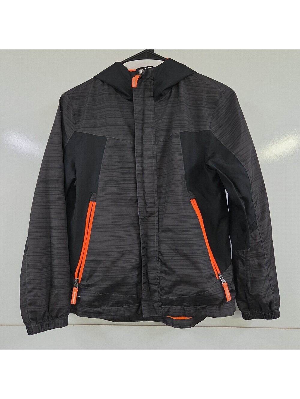 Boys Light Jacket Black Gray Hooded Full Zip With Pockets Size Medium M 8 10
